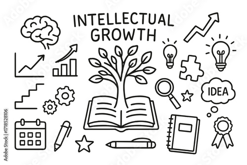 Intellectual Growth Doodle. Hand-drawn doodle illustration Intellectual growth [tree, open book, brain, graph arrow, steps, gears, calendar, lightbulb, puzzle