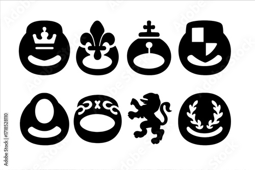 Royal Signet Icons. Solid, filled icon set of royal signet rings: crown engraving, fleur-de-lis, scepter symbol, heraldic crest, gem inset, ornate band, lion