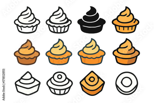 Diverse Logo Designs. Set Logo of Fatty Cream Topping: Cream swirl on pie. Logo set in vector style, emblematic variations. line, bold thick line, solid black