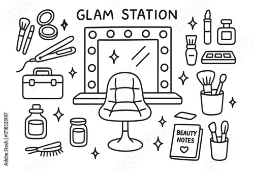 Glam Beauty Station. Hand-drawn doodle illustration [glam station] [mirror frame, light bulbs, beauty chair, makeup case, hair straightener, blush compact,