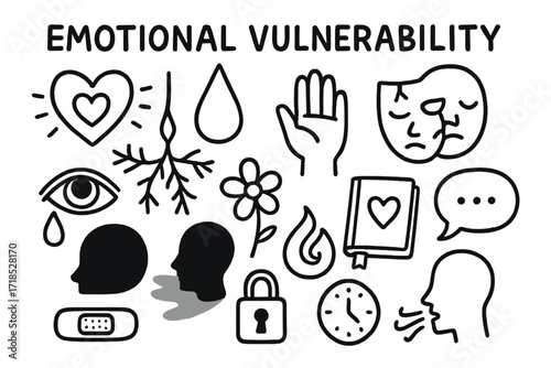 Emotional Vulnerability Icons. Hand-drawn doodle illustration Emotional vulnerability [open heart, teardrop, broken mask, exposed nerve, hand, speech bubble,
