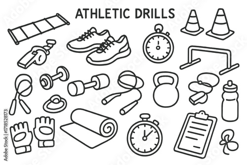 Athletic Drills Doodle. Hand-drawn doodle illustration [athletic drills] [agility ladder, sneakers, stopwatch, cones, hurdles, jump rope, dumbbell, resistance