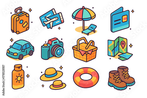 Family Vacation Icons. Colorful isometric vector icons set of family vacations: family suitcase, airplane tickets, beach umbrella, hotel keycard, rental car,