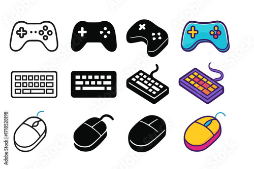 Game Development Icons. Icon Set of Game development basics: game controller, keyboard, mouse. Icons set in vector style, emblematic variations. Game