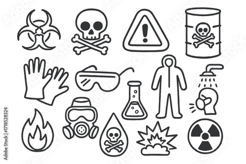 Hazard Symbols Illustration. Hand-drawn doodle illustration [Hazardous materials] [biohazard symbol, skull and crossbones, gas mask, chemical barrel, warning