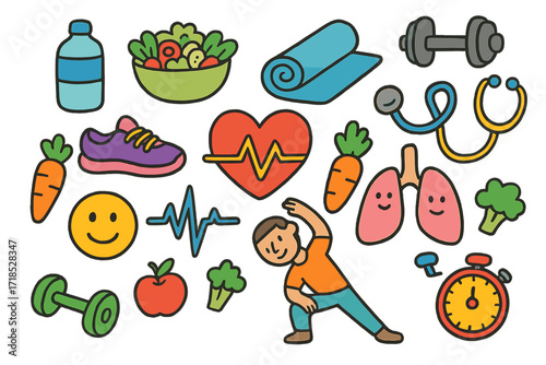 Healthy Lifestyle Doodles. Colorful Hand-drawn doodle Children illustration Heartbeat and health heart icon, jogging shoes, yoga mat, water bottle, salad bowl,