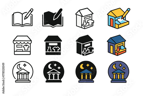 Art Icon Collection. Icon Set of Closing moments: art book signing, souvenir shop, night view of gallery. Icons set in vector style, emblematic variations. Art