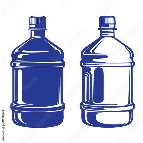 Two detailed vector illustrations of water bottles with blue and white outlines
