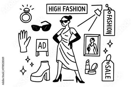 Fashion Doodle Spotlight. Hand-drawn doodle illustration High-fashion branding shoot [logo, model, gold ring, sunglasses, bold pose, spotlight, photo frame,
