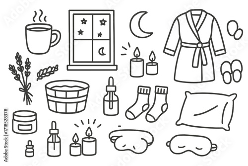 Evening Spa Essentials. Hand-drawn doodle illustration [Relaxing evening wind-down spa time] [hot tea mug, starry window, robe, warm slippers, foot soak