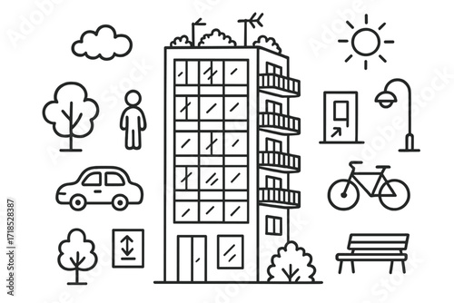 Skyscraper Doodle Icons. Hand-drawn doodle illustration Modern skyscraper apartment tower glass facade, balcony, rooftop garden, antenna, door, elevator,