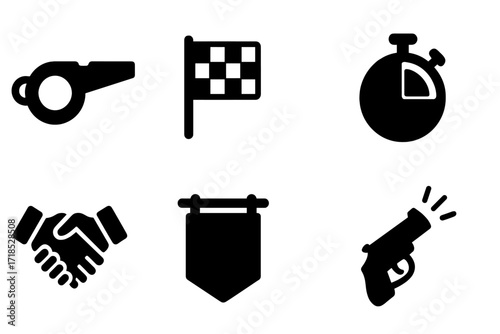 Duel Signal Icons. Solid, filled icon set of duel signals: referee whistle, duel flag, timer, countdown clock, handshake, duel banner, start gun, signal flare.