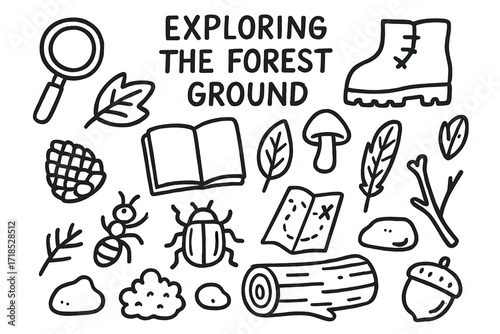 Forest Exploration Doodles. Hand-drawn doodle illustration [Exploring the forest ground] [magnifying glass, boot, notebook, leaf, mushroom, feather, pinecone,