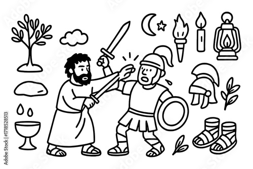 Peter's Ear Doodle. Hand-drawn doodle illustration Peter cutting ear sword, soldier, olive tree, lantern, torch, helmet, shield, sandals, star, moon, cloud,