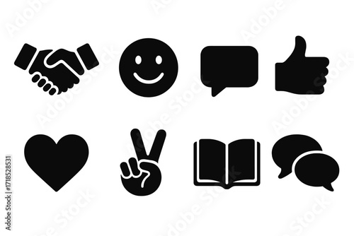 Polite Communication Icons. Solid, filled icon set of polite communication: handshake, smiling face, speech bubble, thumbs up, heart symbol, peace sign, open