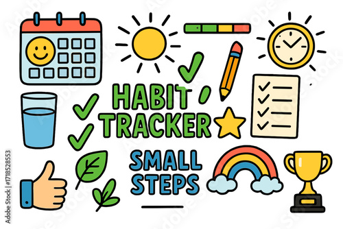 Kids' Habit Tracker Icons. Colorful Hand-drawn doodle Children illustration Habit tracker smiley calendar, water glass, checkmarks, progress bar, reward star,
