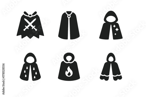 Cape Icons Collection. Solid, filled icon set of cape uses: battle cape, ceremonial cape, magical cloak, disguise cape, rain cape, warmth cape, stealth cloak,