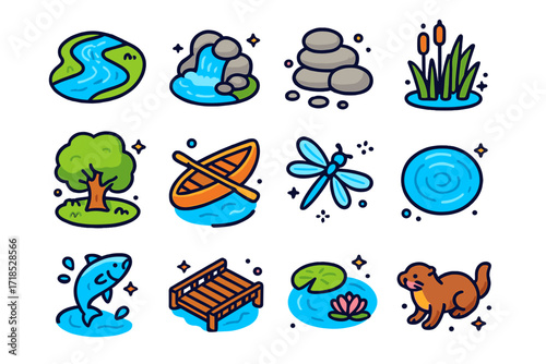 Vibrant River Icons. Colorful isometric vector icons set of Flowing river landscape: river bend, small waterfall, smooth stones, reeds, riverbank tree, canoe,