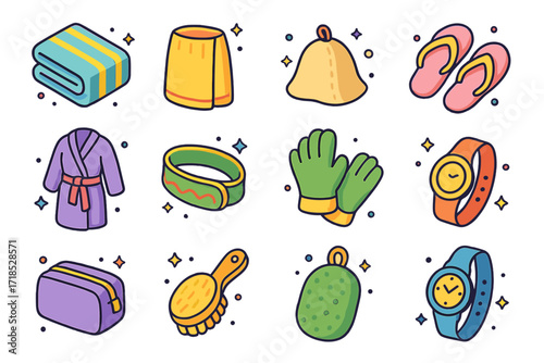 Sauna Accessories Icons. Colorful isometric vector icons set of Sauna accessories and clothing: cotton towel, sauna wrap, felt hat, flip-flops, bathrobe,