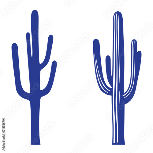 Two stylized blue cactus silhouettes isolated on white background for graphic design purposes