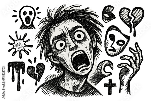 Emotive Expression Doodle. Hand-drawn doodle illustration expressive portraiture messy hair, bold line, tilted head, open eyes, scream icon, color splash,