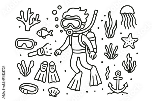 Underwater Doodle Icons. Hand-drawn doodle illustration diver underwater scuba mask, snorkel, fins, wetsuit, oxygen tank, bubbles, coral, fish, seaweed,