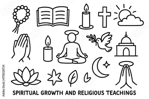 Spiritual Symbols Doodle. Hand-drawn doodle illustration [Spiritual growth and religious teachings] [prayer beads, open book, candle, lotus flower, cross,