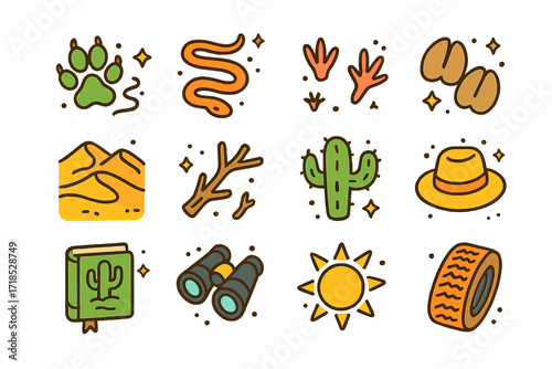 Desert Exploration Icons. Colorful isometric vector icons set of Desert Tracks Exploration: coyote footprints, snake trail, lizard prints, camel hoof marks,