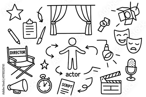 Theatrical Symbols Doodle. Hand-drawn doodle illustration Stage blocking arrows, actor figure, stage curtain, spotlight, star, clipboard, pencil, script, mask