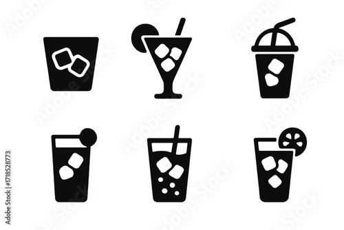 Ice Drink Icons. Solid, filled icon set of ice uses in drinks: whiskey on ice, cocktail with ice, iced coffee, iced tea, smoothie with ice, cold water glass,