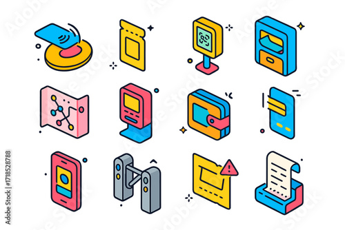 Transit Ticket Icons. Colorful isometric vector icons set of Using transit tickets and cards: contactless card tap, paper ticket stub, QR code scanner, ticket