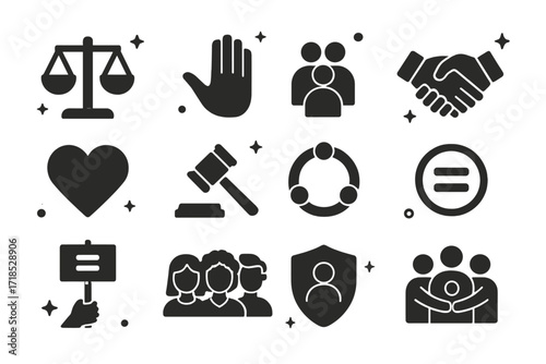 Icons of Fairness. Fairness. Solid icons set of balanced scale, open hand, group of people, handshake, heart, justice hammer, inclusive circle, equality