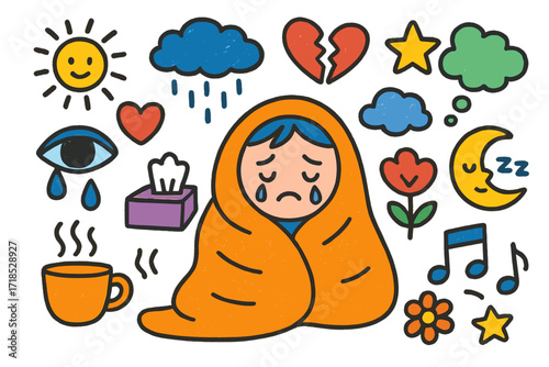Emotional Doodles. Colorful Hand-drawn doodle Children illustration emotional withdrawal sad face, heart, crying eyes, broken heart, cloud, rain, tissue box,
