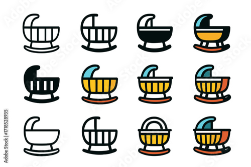 Parents' Joy Logos. Set Logo of Parents? Joy: Baby cradle. Logo set in vector style, emblematic variations. line, bold thick line, solid black filled, solid