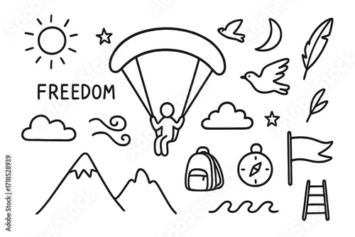 Paragliding Adventure Doodles. Hand-drawn doodle illustration paragliding freedom paraglider, parachute, mountain, cloud, sun, star, bird, wind symbol,
