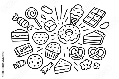 Sweet Treats Collision. Hand-drawn doodle illustration objects colliding in mid-air Candy, Lollipop, Chocolate bar, Gum, Cookie, Cupcake, Ice cream, Donut,