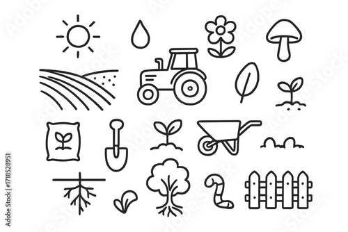 Farming Doodle Icons. Hand-drawn doodle illustration soil for farming plowed field, tractor, seed, sprout, shovel, bag of fertilizer, wheelbarrow, roots, tree,