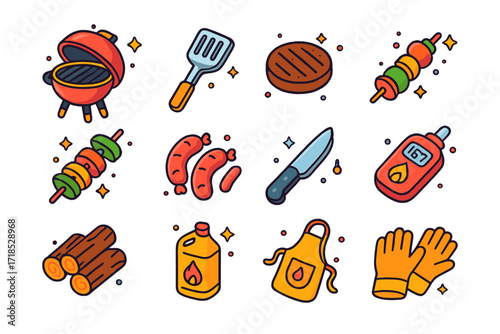 Colorful Grilling Icons. Grilling. Colorful isometric vector icons set of grilling: grill with lid, BBQ spatula, burger patty, shrimp skewer, vegetable kebab,