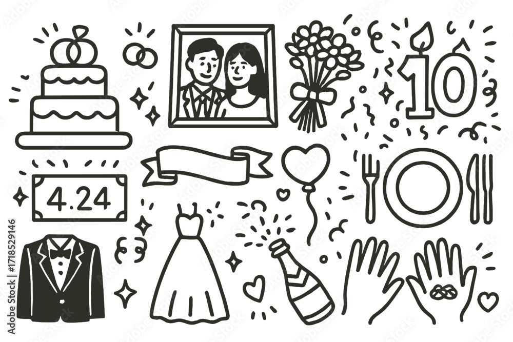 Fototapeta premium Anniversary Celebration Icons. Hand-drawn doodle illustration Wedding anniversary cake, wedding rings, couple?s photo, bouquet, number candle,