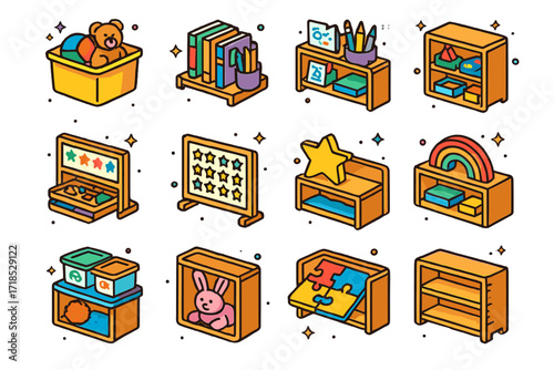 Children's Shelf Zones. Colorful isometric vector icons set of children?s shelf zoning and spacing: toy bin zone, storybook shelf, school supplies section,