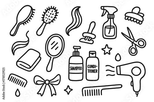 Hair Styling Tools Doodle. Hand-drawn doodle illustration styling hairbrush bristle styling brush, bristles, strand of hair, hair clip, spray bottle, scissors,