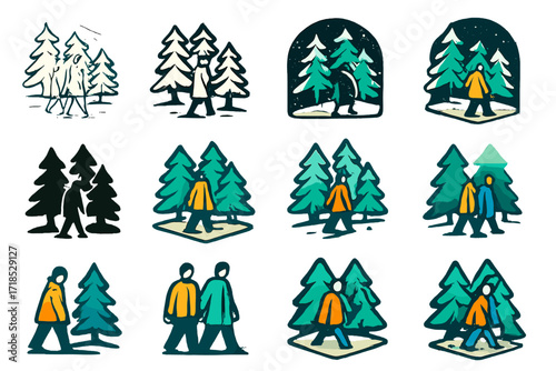 Snowy Forest Logo. Set Logo of people walking in a snowy forest: couple in winter coats walking under snow-covered pines. Logo set in vector style, emblematic