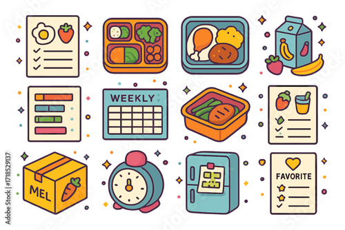 Colorful Meal Icons Set. Colorful isometric vector icons set of Meal Plan List Prep: breakfast items note, lunch bento icon, dinner entree box, recipe card,