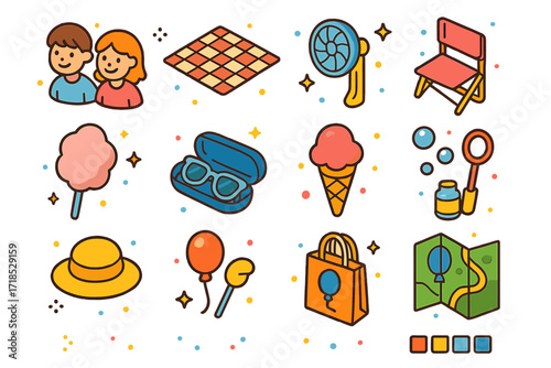 Family Balloon Fun Icons. Colorful isometric vector icons set of Family fun at balloon events: smiling kids, picnic mat, handheld fan, folding chair, cotton