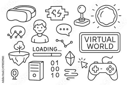 Virtual Reality Iconography. Hand-drawn doodle illustration Virtual world crossover [VR headset, glitch icon, portal, avatar, joystick, chat bubble, loading