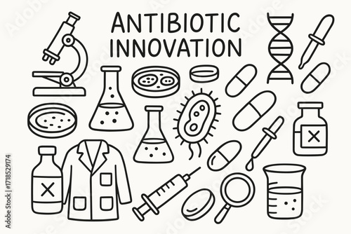 Antibiotic Research Doodles. Hand-drawn doodle illustration Antibiotic innovation Microscope, test tube, petri dish, flask, DNA strand, pipette, capsule, pill,