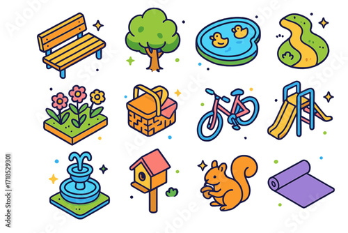 City Park Icon Set. Colorful isometric vector icons set of City Parks and Green Spots: park bench, leafy tree, duck pond, jogging path, flowerbed, picnic