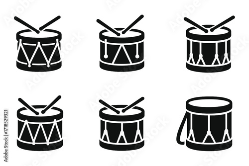 Historical Drum Icons. Solid, filled icon set of military drum historical styles: colonial drum, fife and drum, regimental drum, Revolutionary War drum, Civil