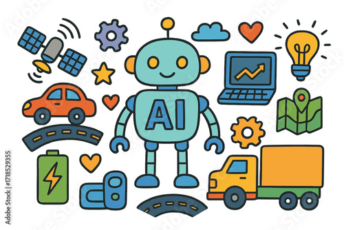 AI Transport Icons. AI in transport. Colorful Hand-drawn doodle Children illustration robot, car, truck, laptop, chart, satellite, gear, battery, star, heart,