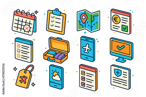 Vacation Planning Icons. Colorful isometric vector icons set of Planning a vacation: calendar with marked dates, travel checklist, destination map, travel